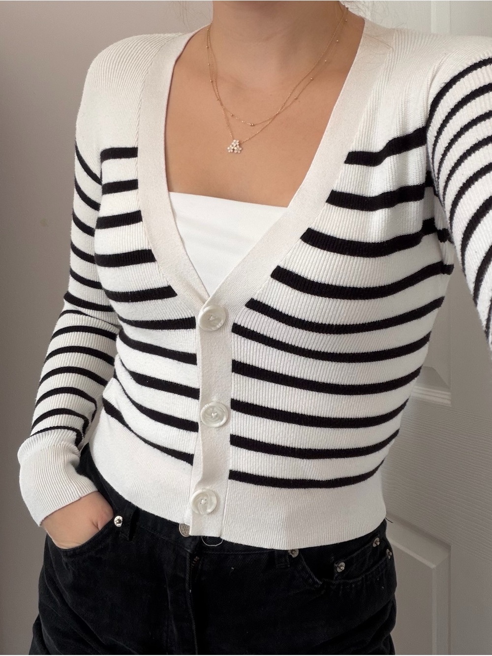 Striped V-Neck Button Cardigan Sweater - White/Black